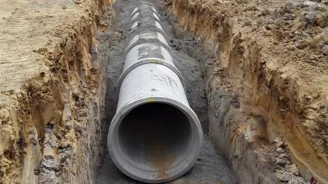 Large concrete stormwater pipe laid in a gravel-bedded trench.
